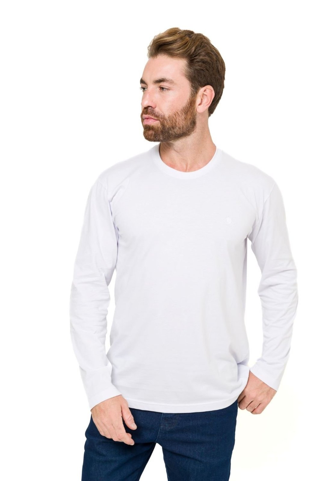 Camiseta Básica Gola Redonda Olimpo Meia Malha Lisa Manga Longa Branca