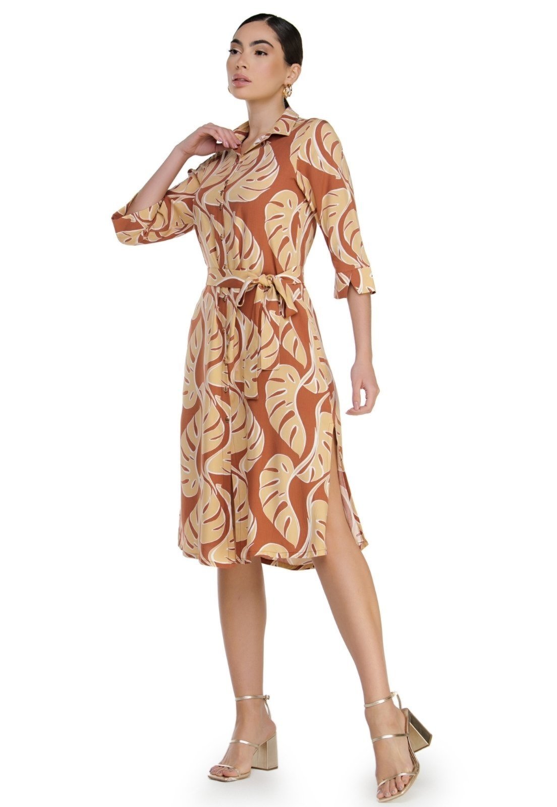 Shirtdress Midi Feminina Estampada 3/4 – Zaiko
