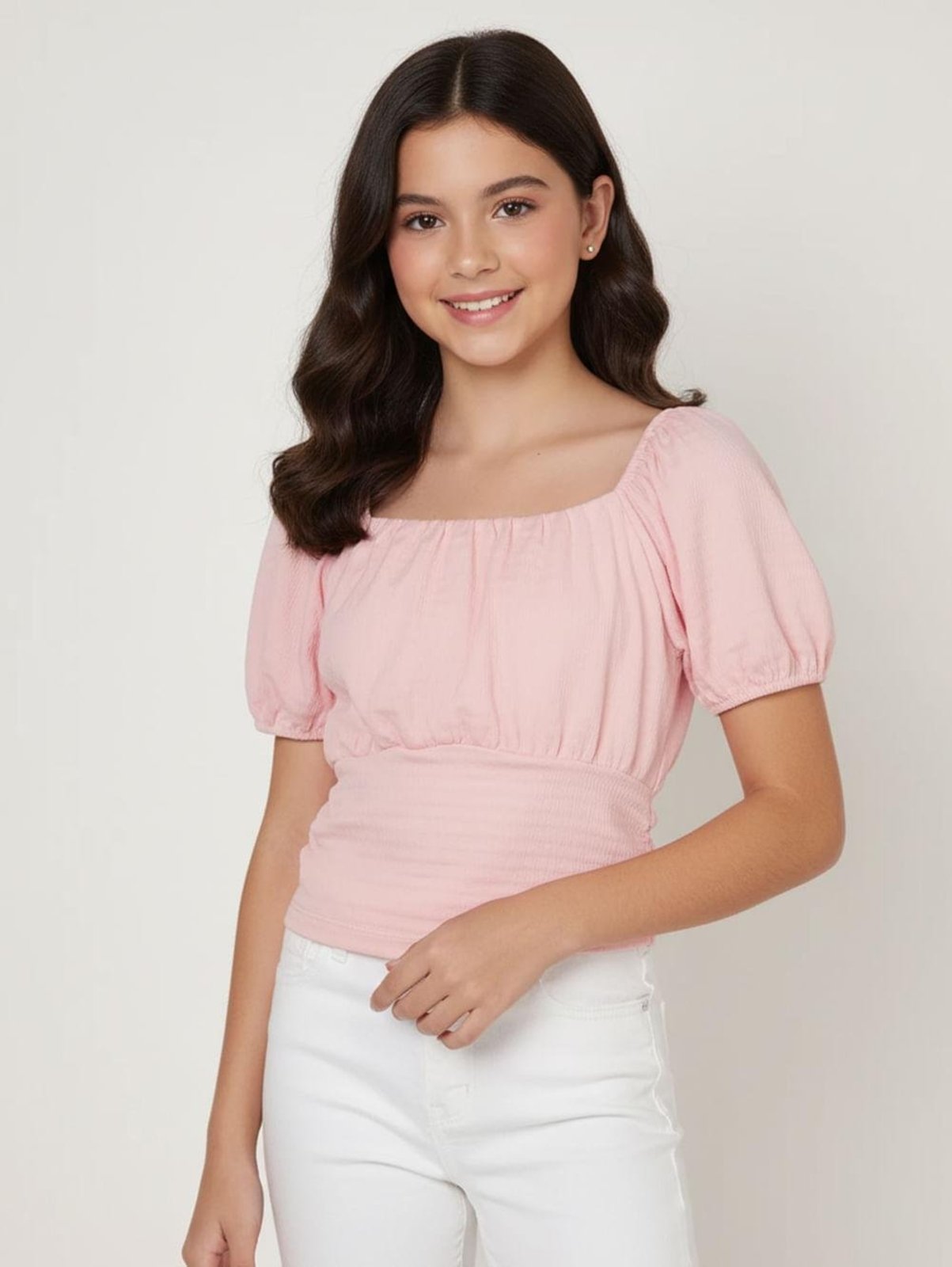 Infantil - Blusa Manga Bufante Cropped Juvenil Para Menina ROSA