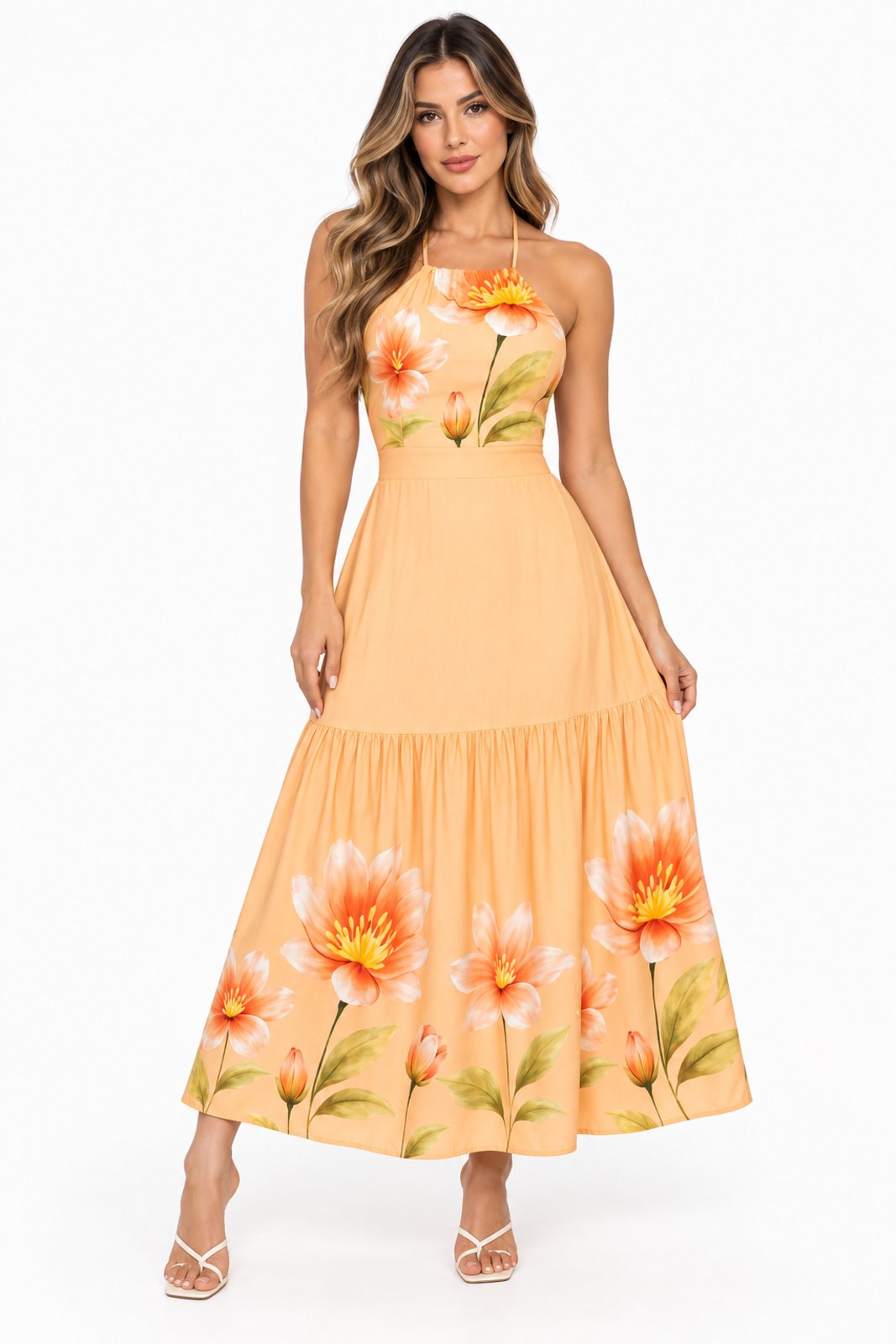 Vestido Longo D Bell Outlet Fashion Estampado com Costas Abertas Pêssego
