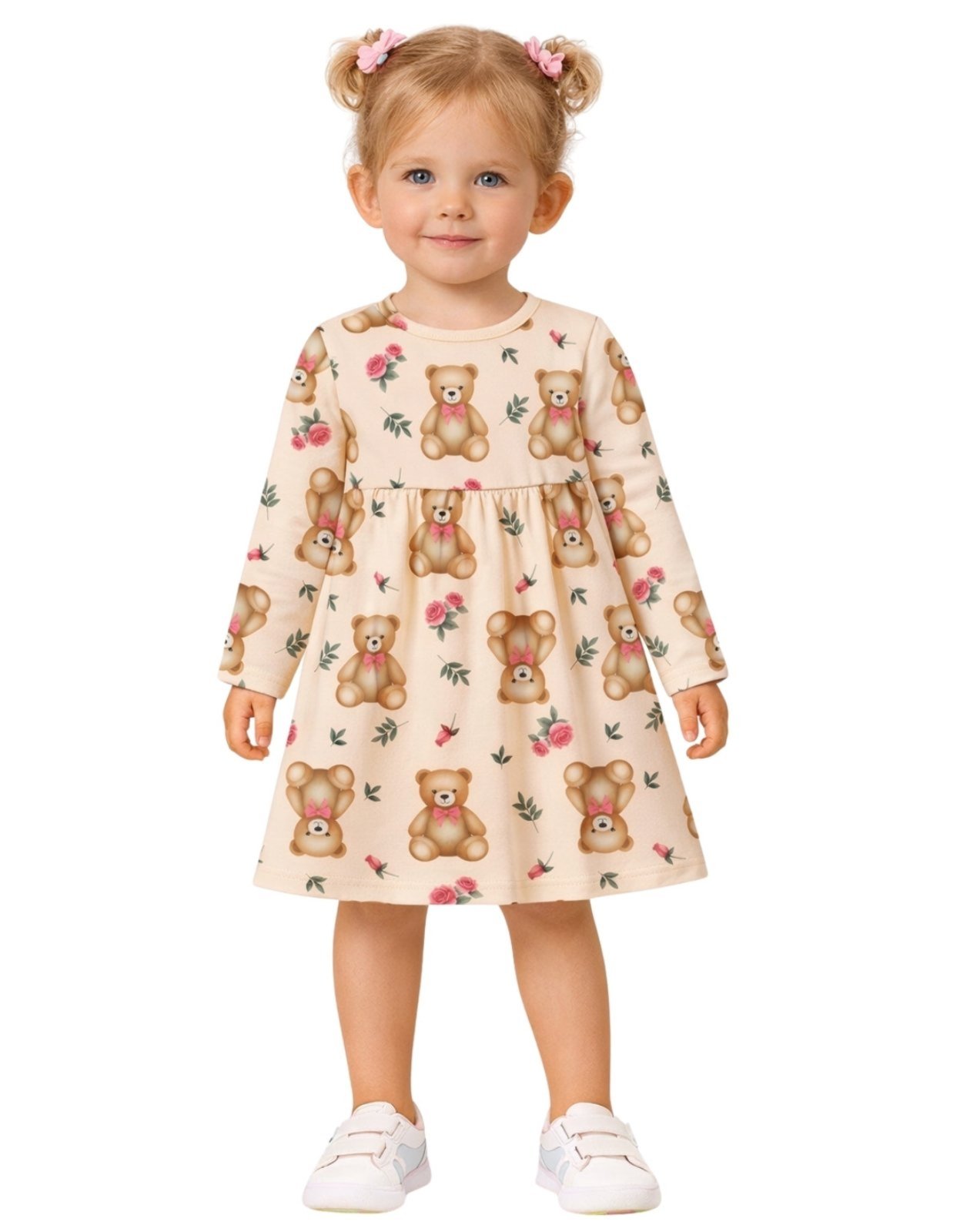 Vista 2 Infantil - Vestido Manga Longa Kyly Ursinhos Whey bege Kyly bege