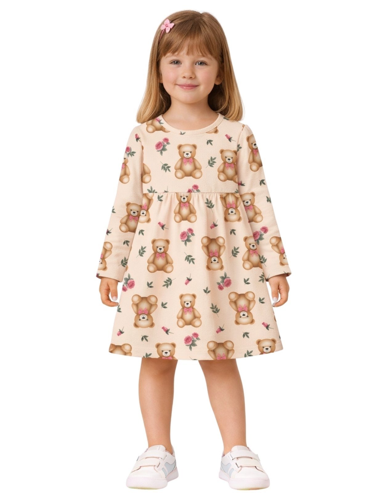 Vista 3 Infantil - Vestido Manga Longa Kyly Ursinhos Whey bege Kyly bege