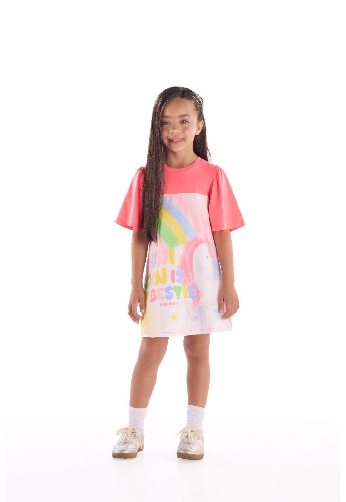Infantil - Vestido Cotton Unicórnio Quimby Rosa
