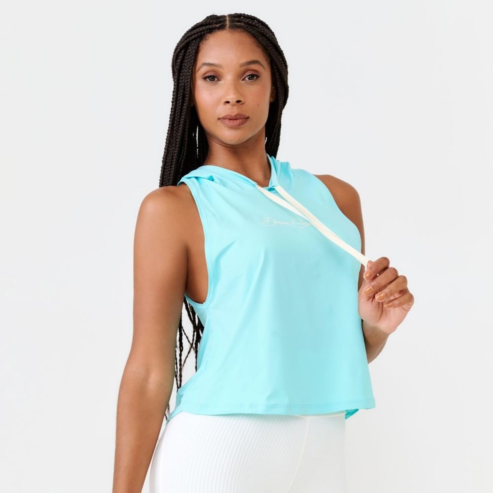 Regata Capuz Azul Tecido Geladinho Com Estampa Emborrachada Donna Carioca