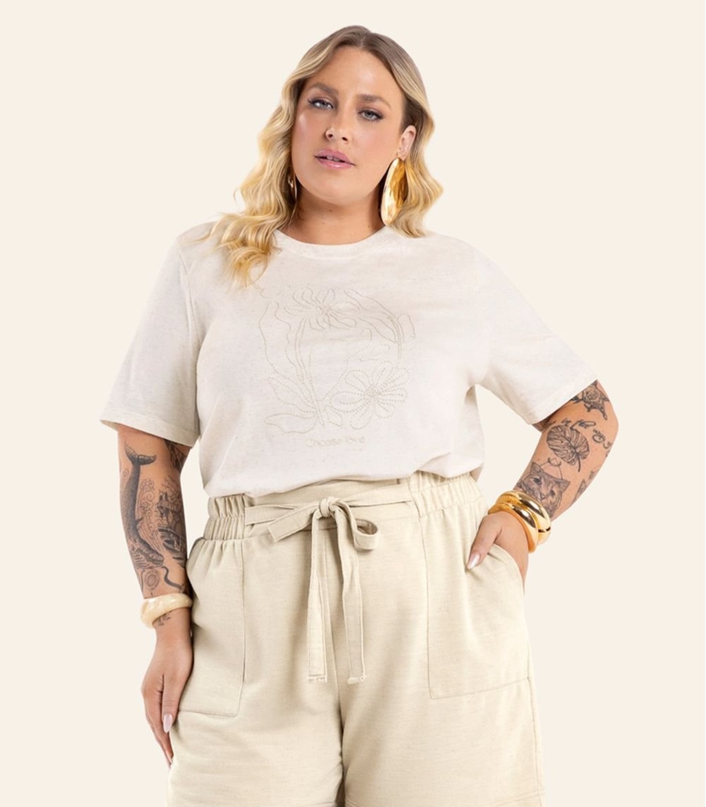 Blusa Feminina Manga Curta Meia Malha Secret Glam Bege
