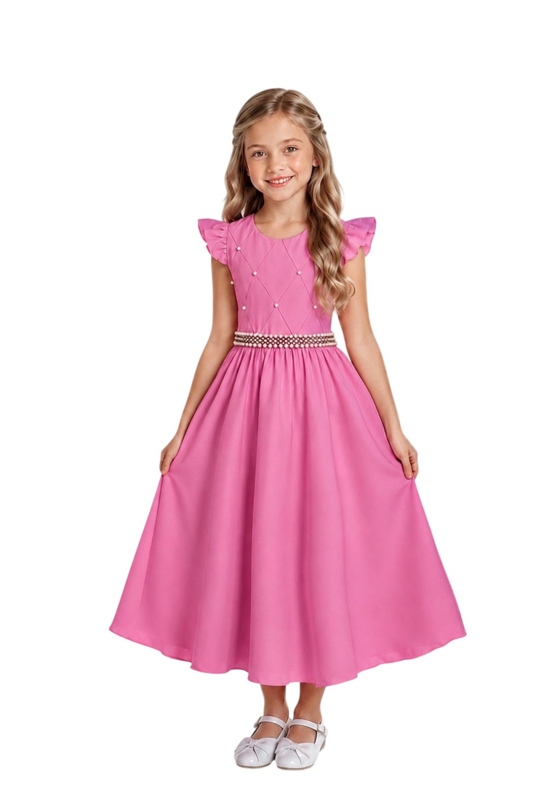 Infantil - Vestido Longo Social Rosa Chiclete Festa Formatura Casamento Pérolas Dama Daminha Menina Juvenil Juvenil Princesa Rodado Florista Aniversário Luxo