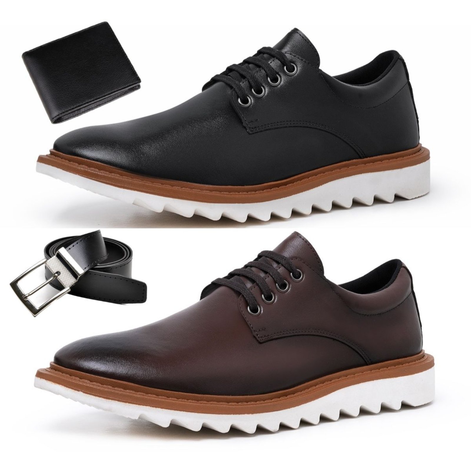 Kit 2 Sapato Social Masculino Derby Solado Tratorado + Cinto e Carteira Preto e Marrom
