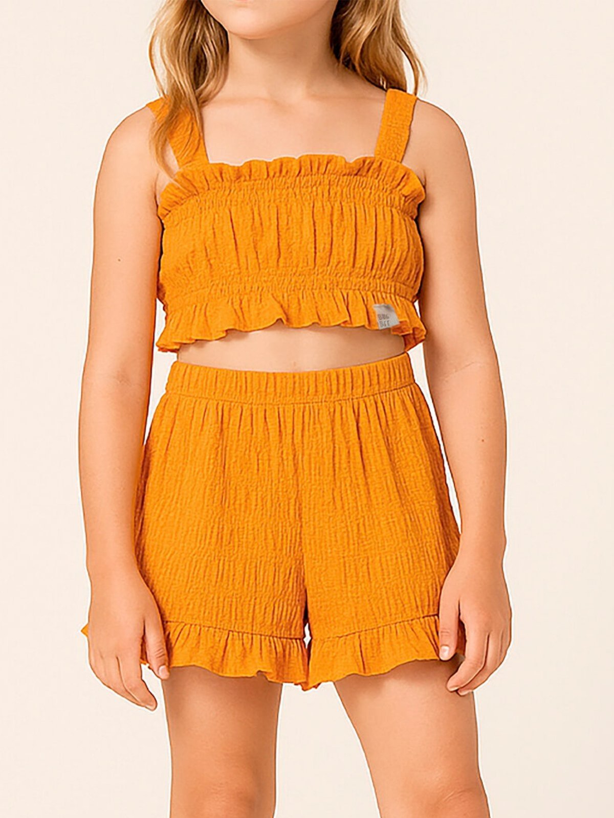 Infantil – Conjunto Bugbee Menina Top Manga Regata Gola Quadrada e Shorts Cintura Alta em Malha Texturizada Laranja Eletric
