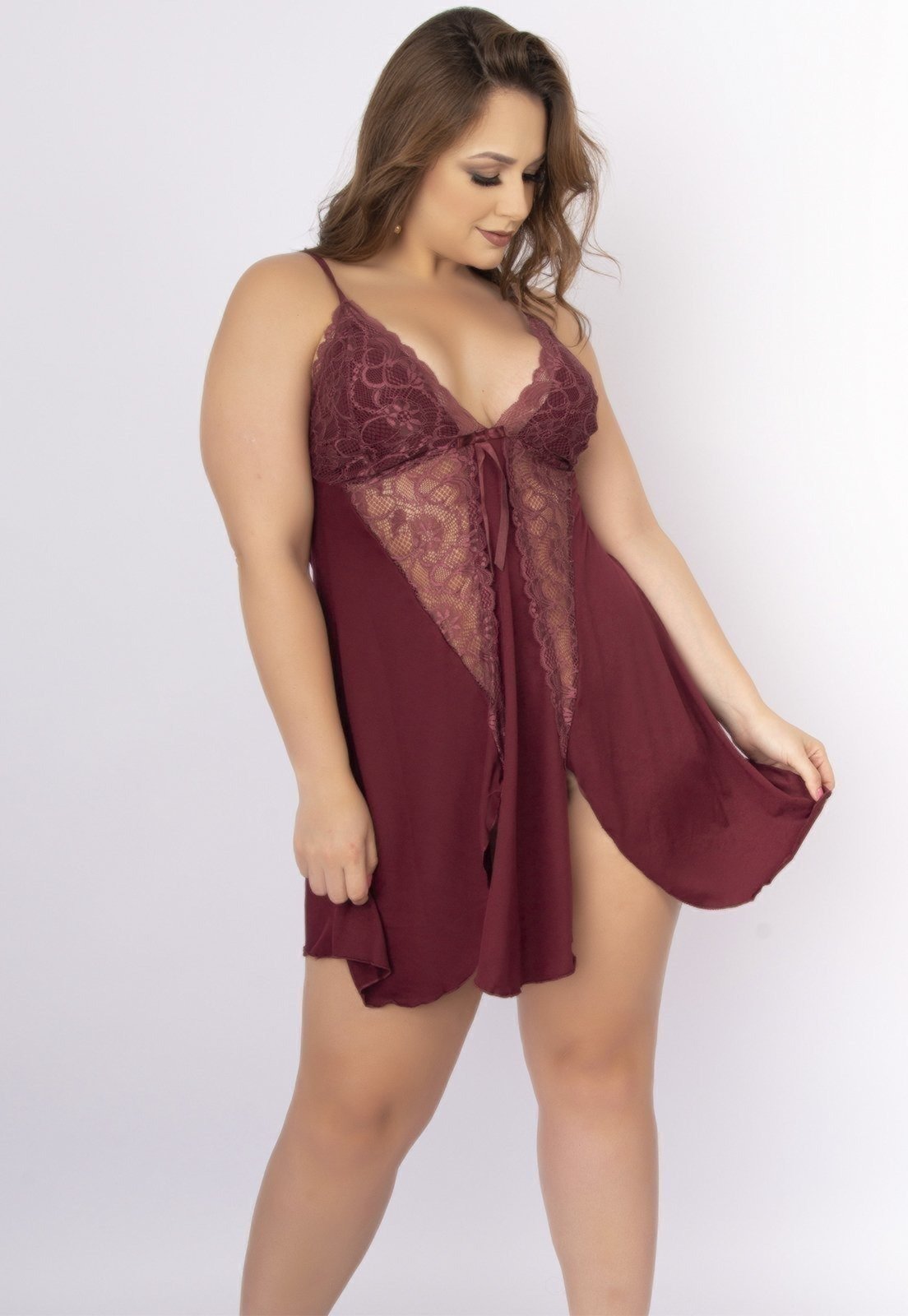 Camisola Plus Size WLS Modas Romantic Renda Lis Vinho