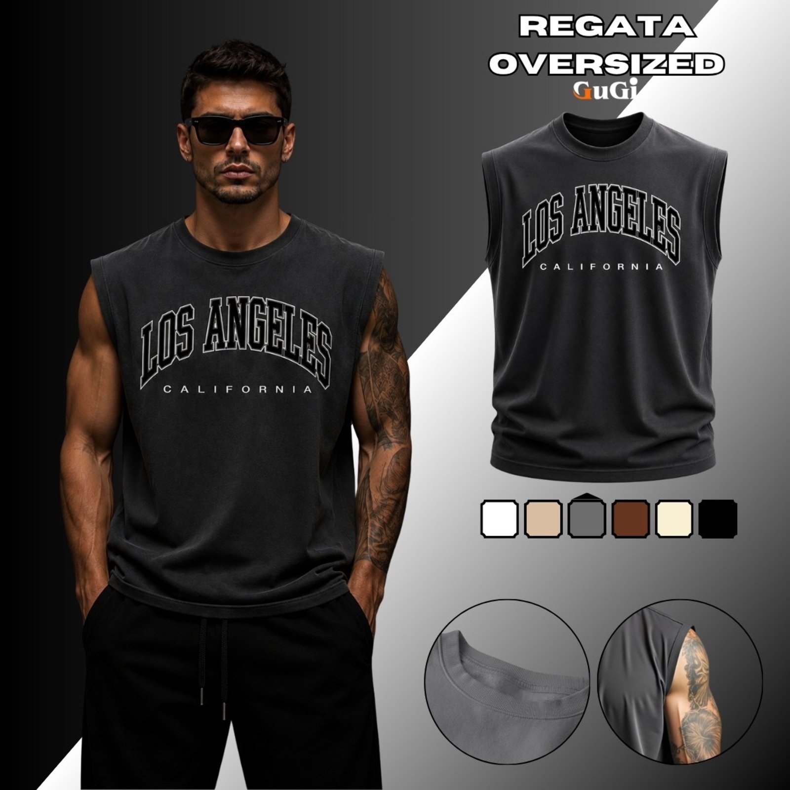 Camiseta Regata Masculina Oversized Estampada Los Angeles California 100% Algodão 30.1 Chumbo