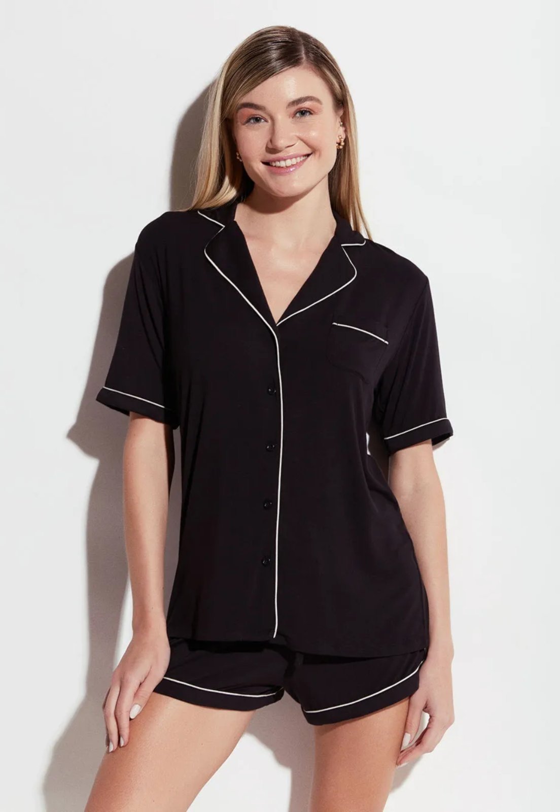 Vista 2 Pijama Curto Manga Curta Visco Classic Loungerie preto Loungerie preto