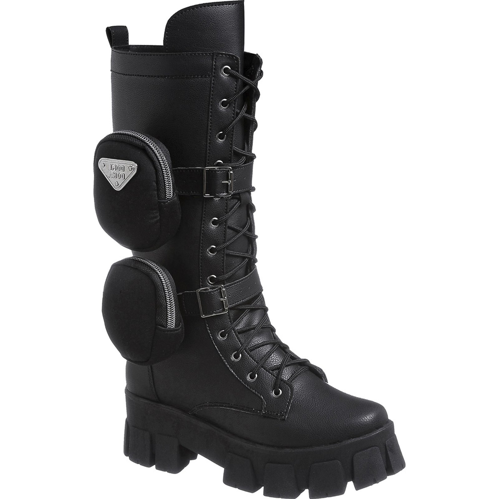 Coturno Domidona Com Bolsinhas Feminino Tratorado Cano Alto Preto