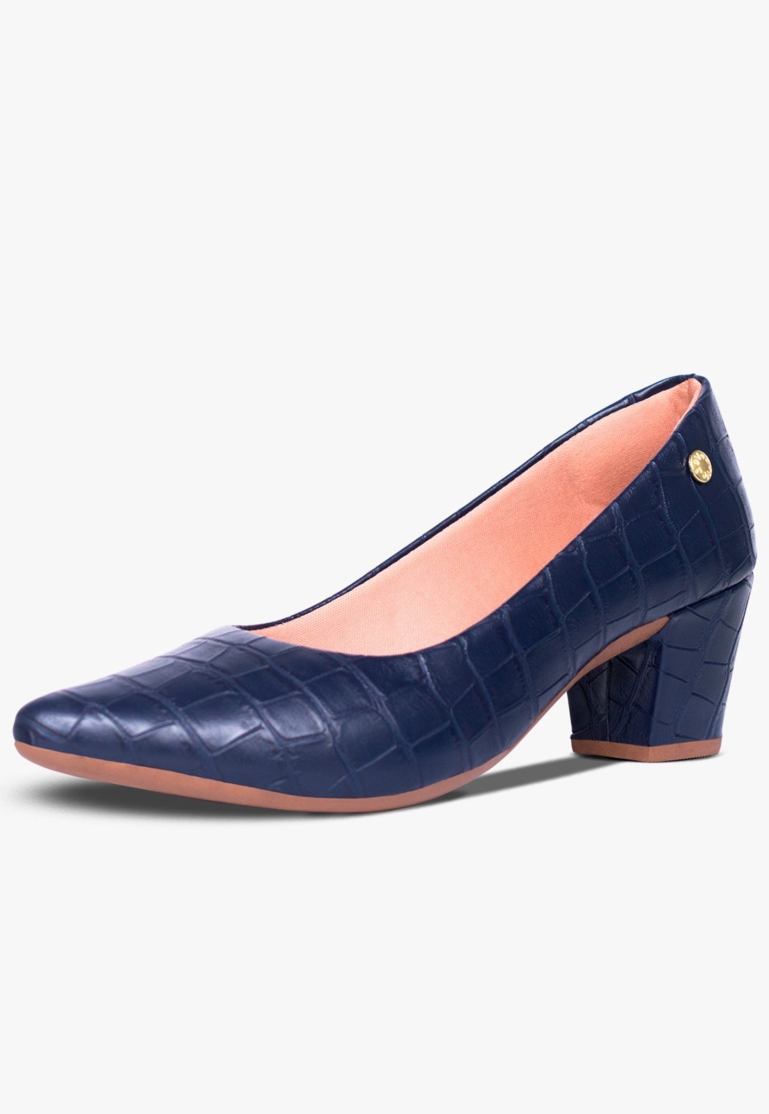 Sapato Feminino Social Fino Scarpin Croco Salto Medio Azul-Marinho