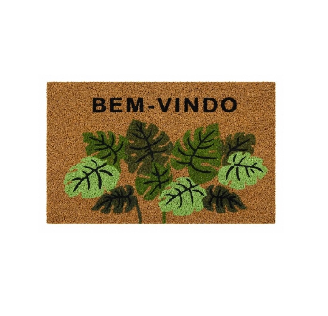 Capacho Retangular Fibra De Coco Base PVC 75x45cm - Komeco Bem-Vindo Folhagens