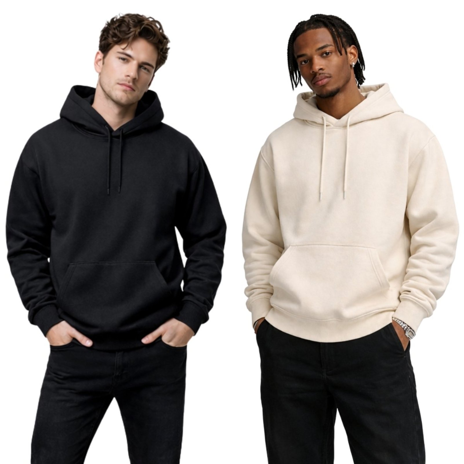 Kit 2 Blusa de Frio Moletom Liso Casaco Canguru Fechado Com Capuz Inverno Preto e Off White