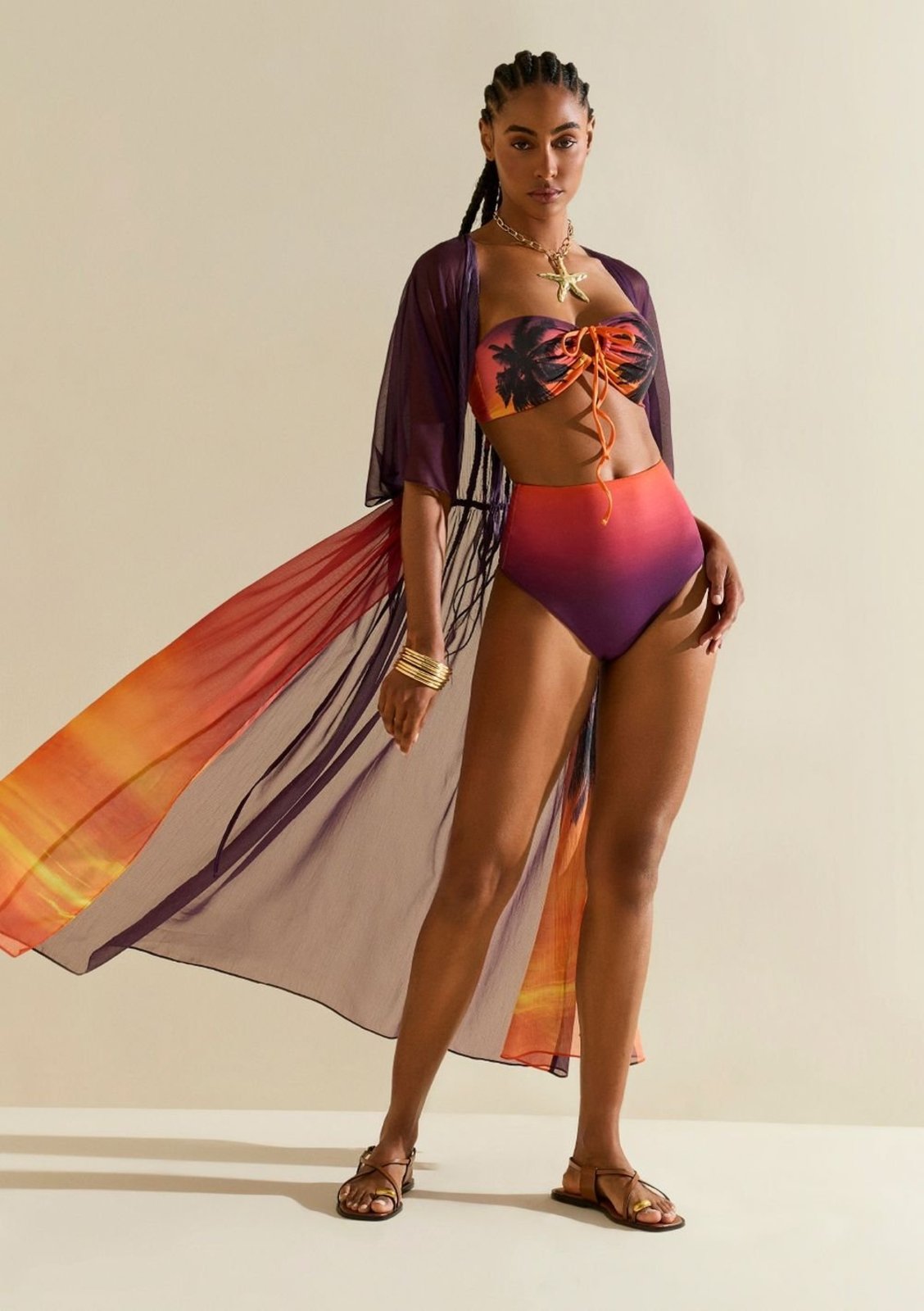 Vista 2 Kaftan Morena Rosa Solto Manga Curta Alongado Laranja laranja rosa Morena Rosa laranja rosa