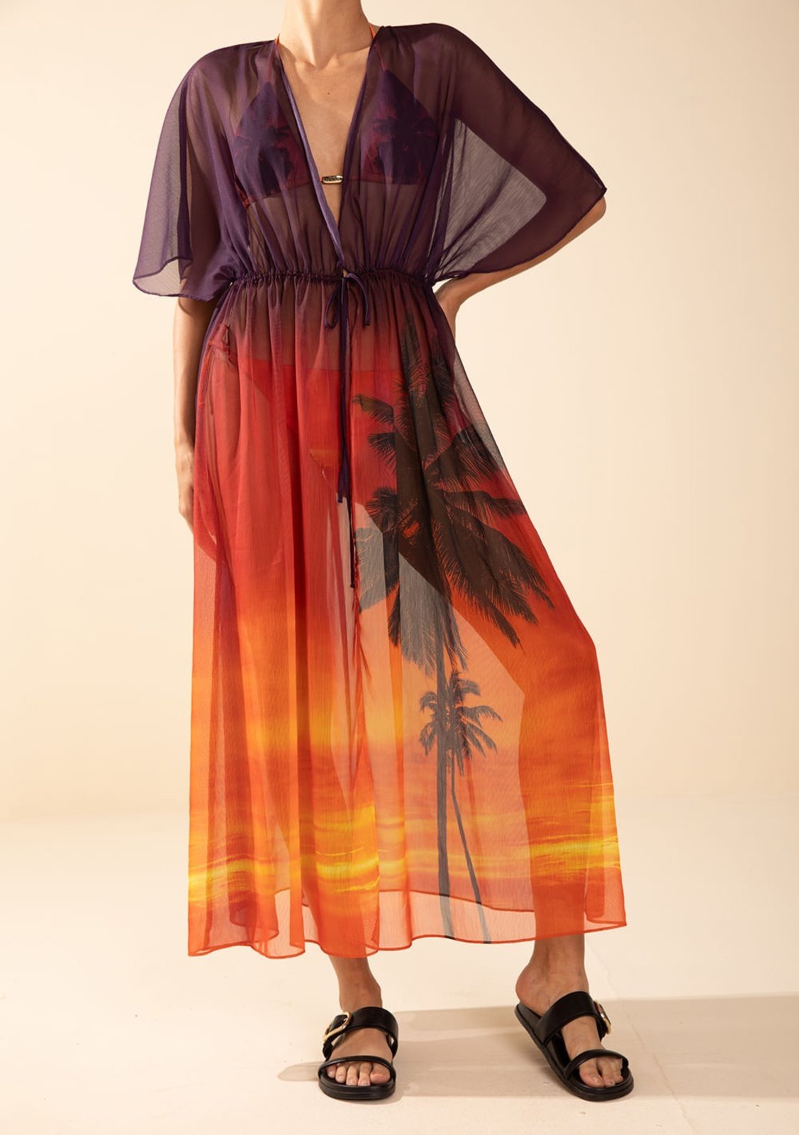 Vista 3 Kaftan Morena Rosa Solto Manga Curta Alongado Laranja laranja rosa Morena Rosa laranja rosa