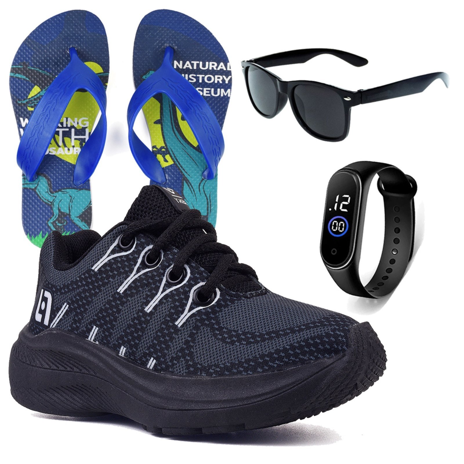 Infantil – Kit Tênis Preto Meninos Escolar Chinelo Óculos Relógio