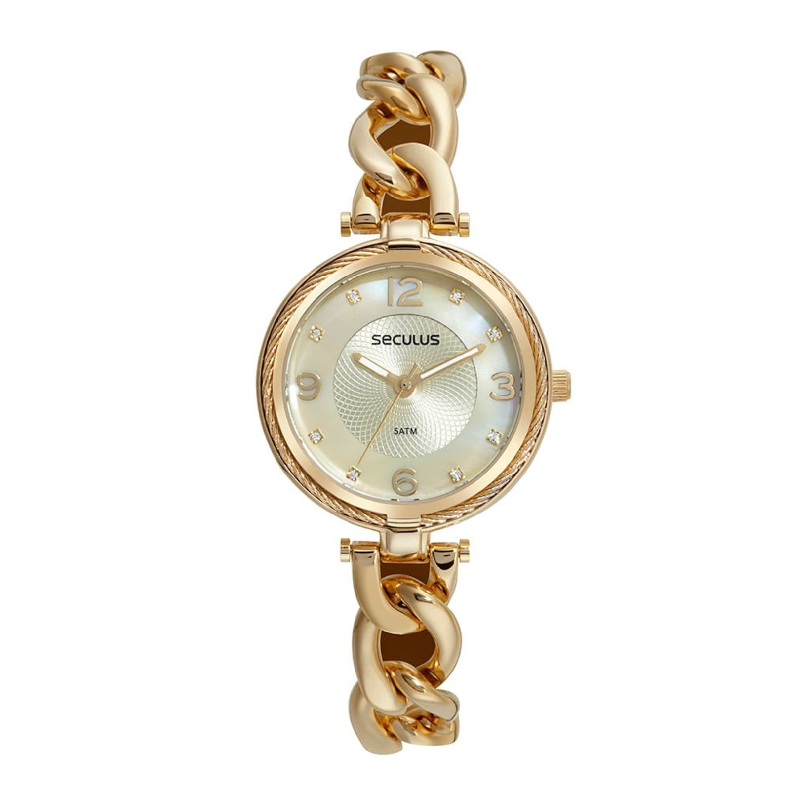 Relógio Seculus Feminino Madrepérola Corrente Dourado Seculus