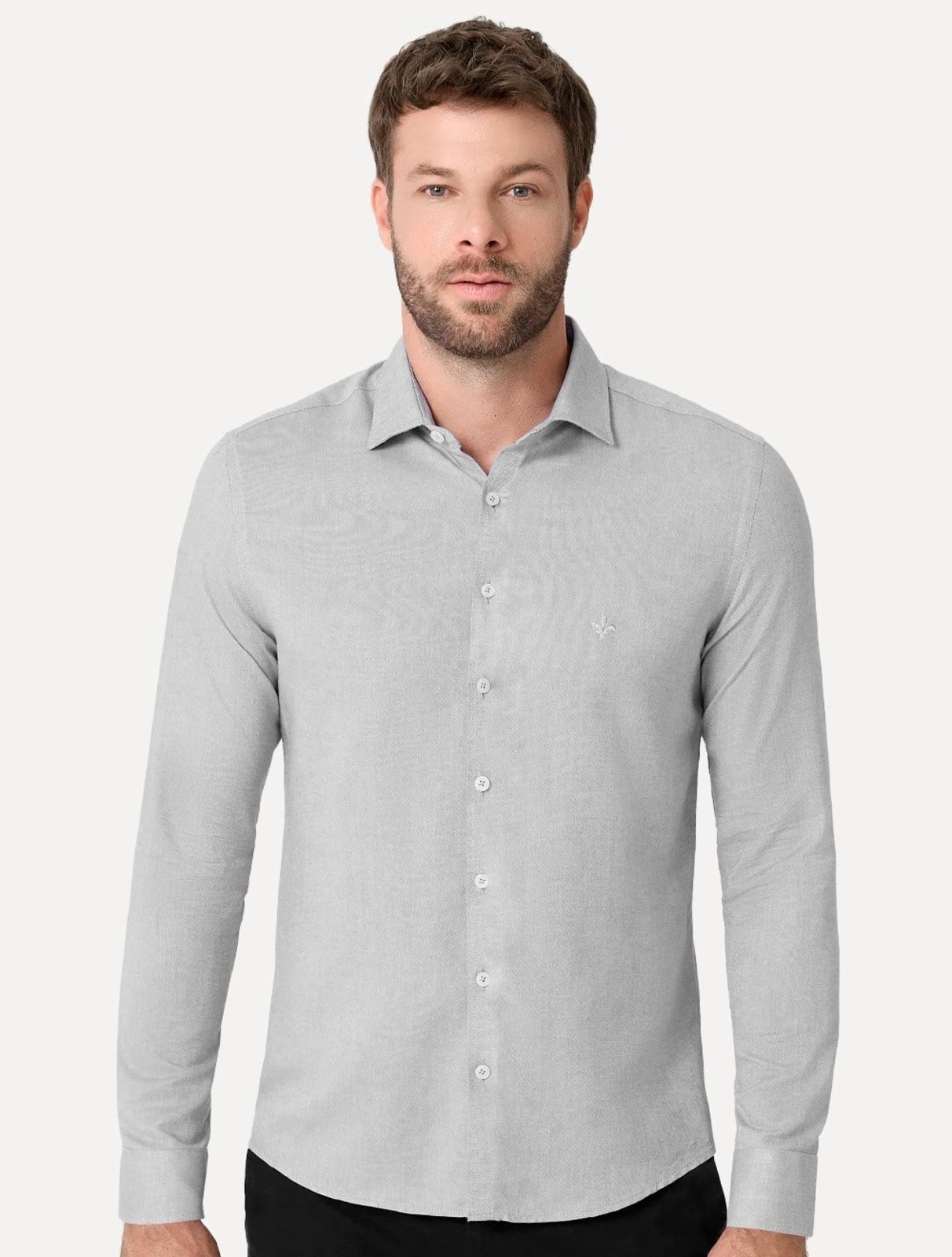 Camisa Dudalina Masculina Milano Fit Tricoline Stretch Oxford Cinza Claro