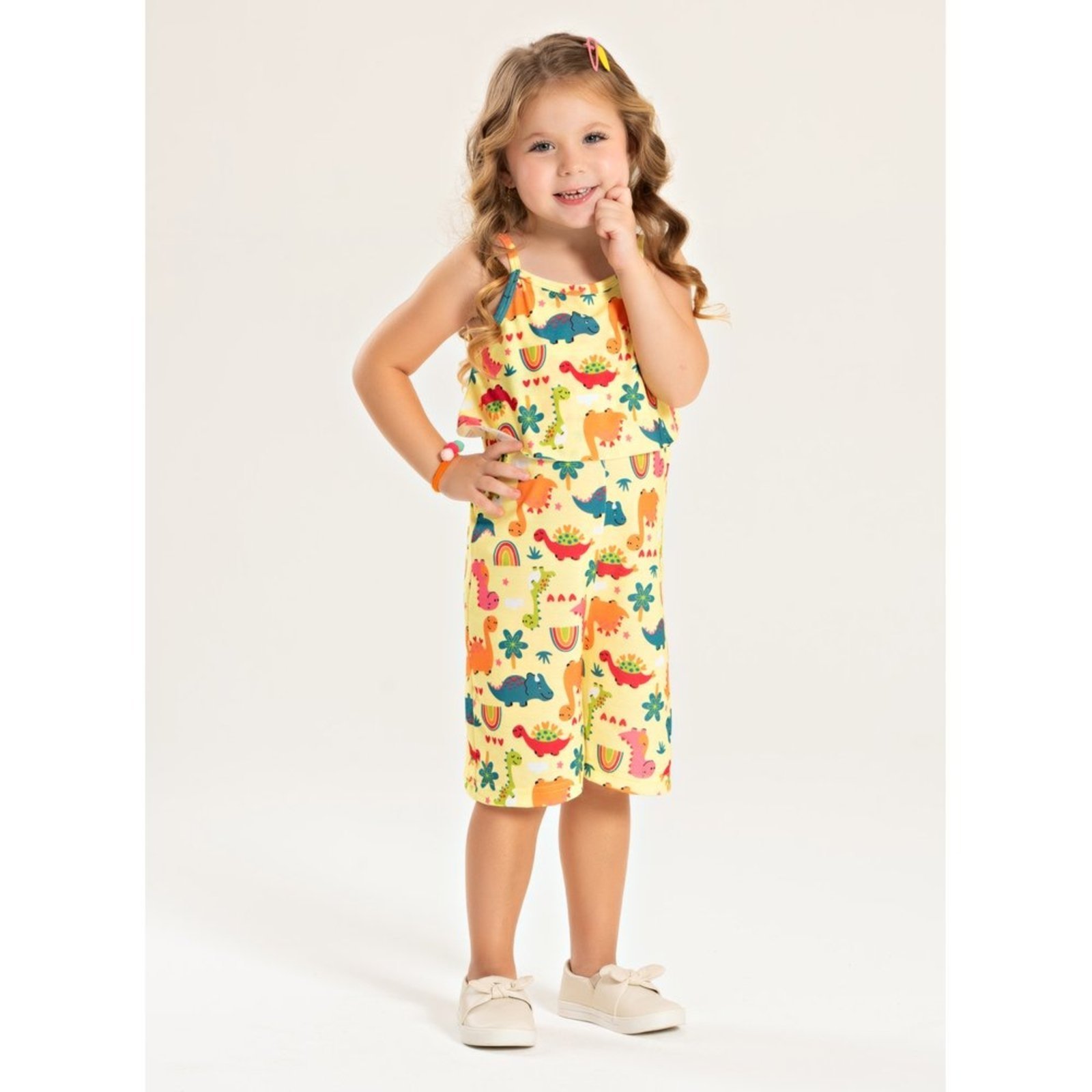 Vista 2 Infantil - Macaquinho Verão Menina Com Babado Floresta Dino Molekada amarelo Molekada amarelo