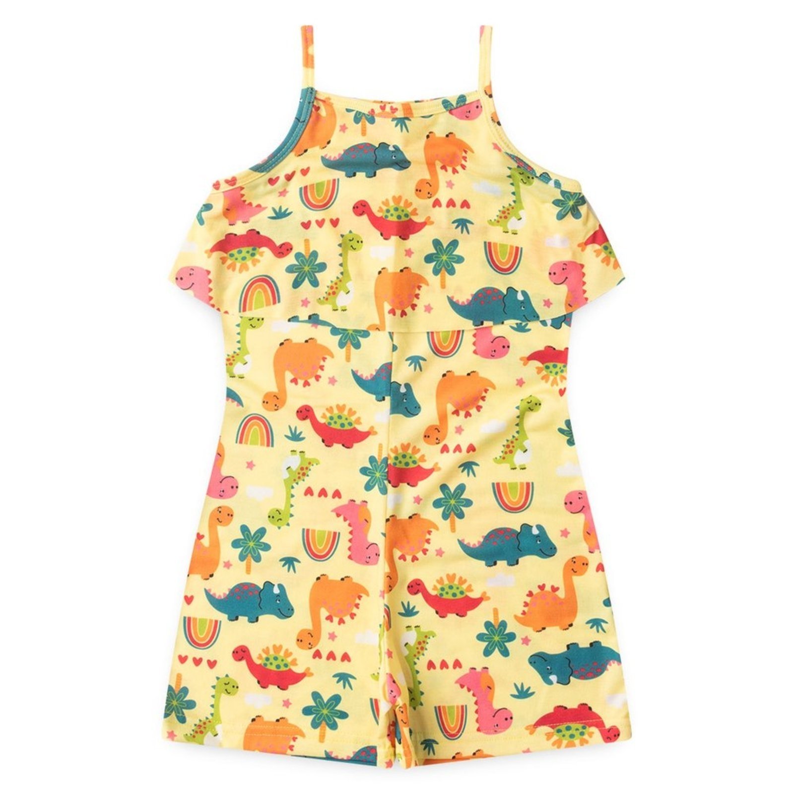 Vista 3 Infantil - Macaquinho Verão Menina Com Babado Floresta Dino Molekada amarelo Molekada amarelo