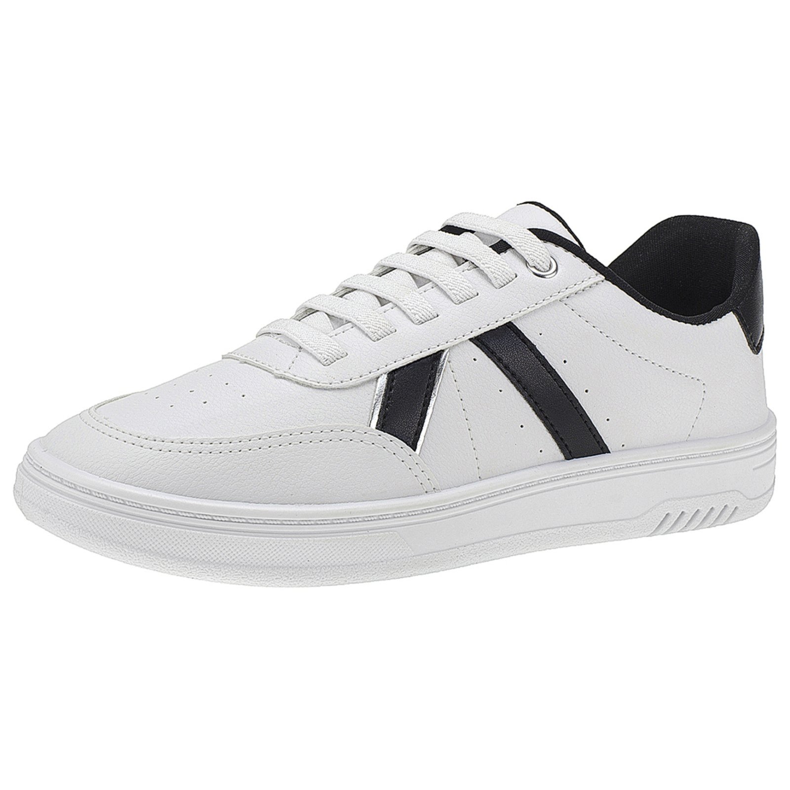 Tênis Lóris Shoes Casual Feminino Detalhe em V Metalizado Cadarço de Elástico Solado Macio 33008 Branco com Preto