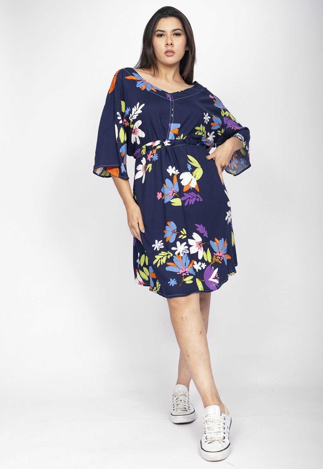 Vestido Curto CabanaFree Caaxixá Viscose com Cordão na Cintura Estampa Festa das Flores Azul