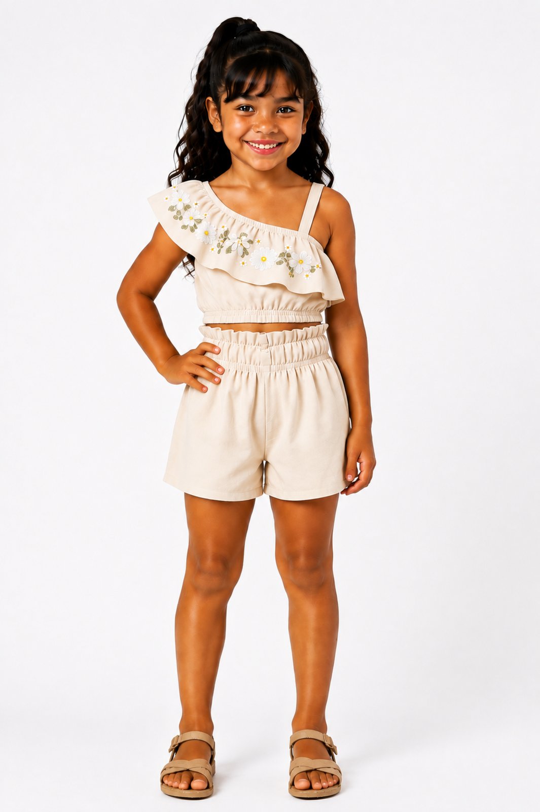 Infantil - Conjunto D Bell Outlet Fashion Cropped Com Flores E Short Natural