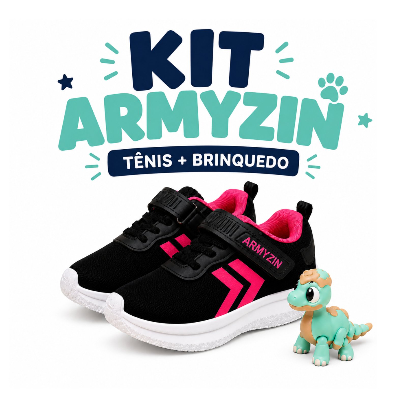 Infantil - Tênis Feminino Leve Confortável Macio Preto Rosa Armyz+Dinossauro