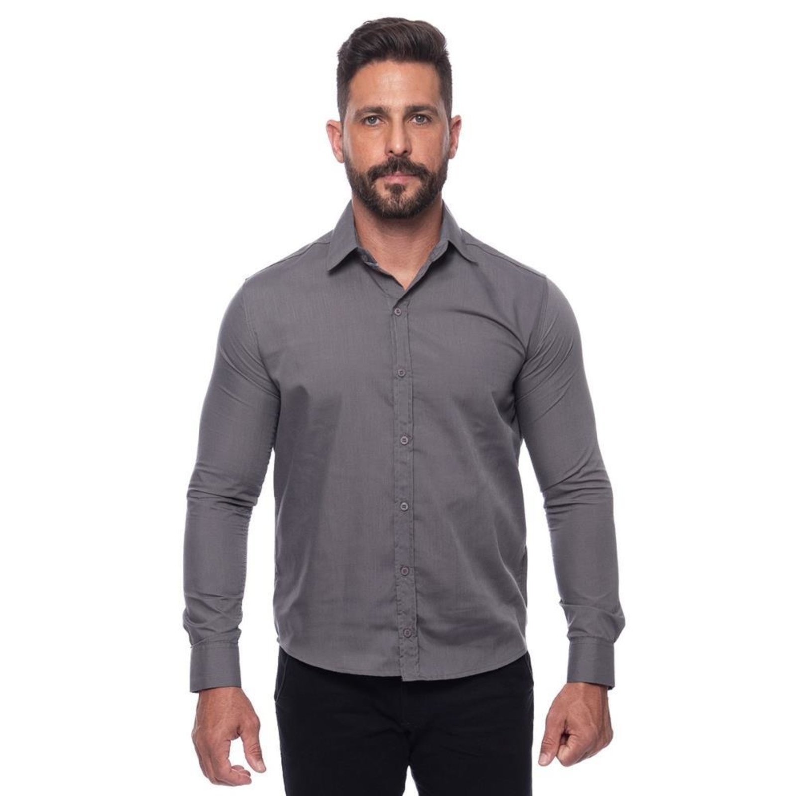 Camisa Social Masculina Slim Manga Longa Lisa Não Amassa Amarelo G Cinza