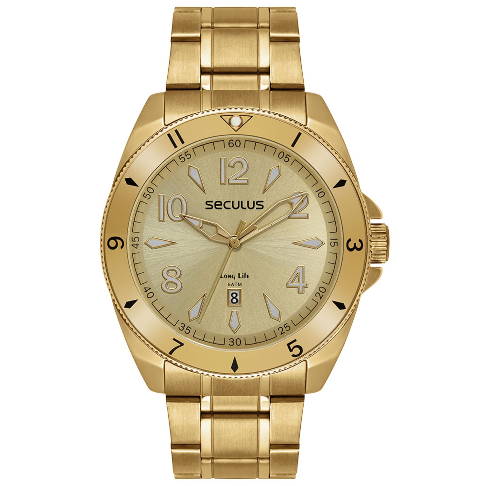 Relógio Masculino Aço Calendário Dourado Seculus