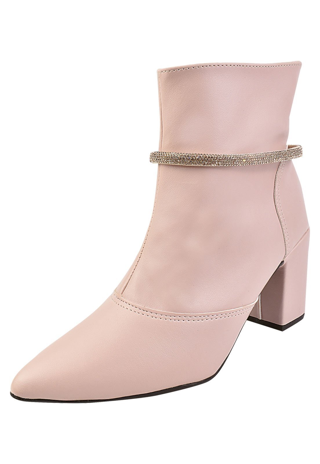 Bota Cano Curto Rosa Chic Calçados Bico Fino Salto Alto Enfeite Strass Brilho Removível Zíper Feminino Nude