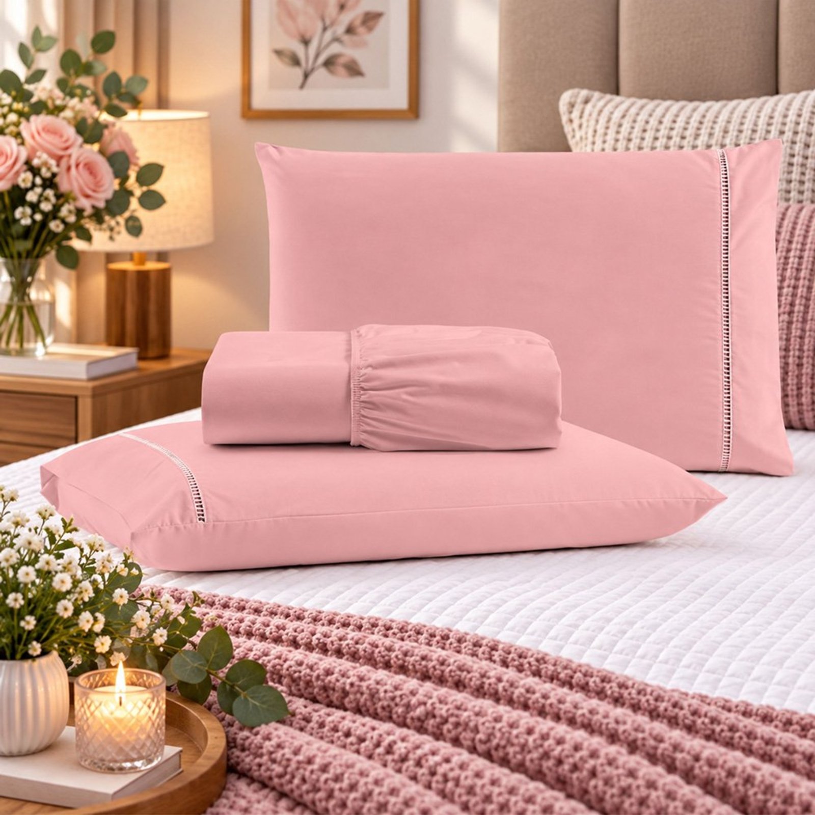 Jogo de Cama Lençol Casal Pluma Percal 180 Fios 3 Peças 100% Algodão - Rosa