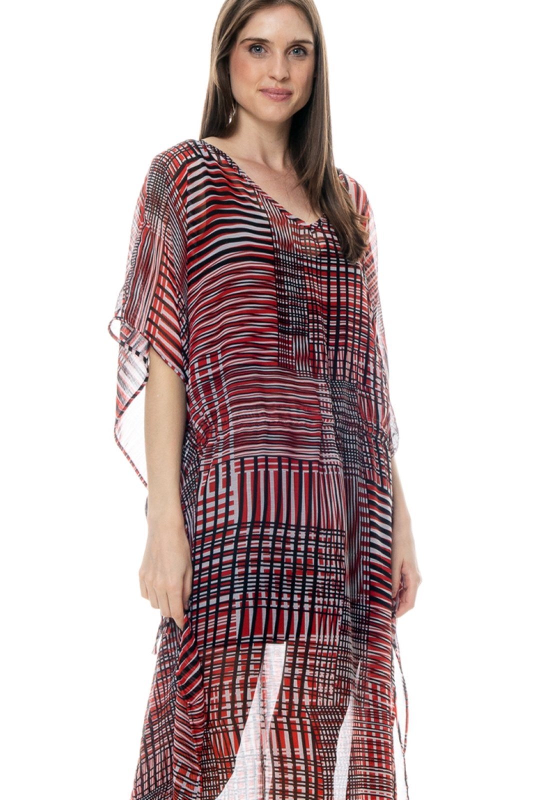 Saída Vestido Kaftan Longo Bata Crepe Semitransparente Estampado Vermelho Preto Branco