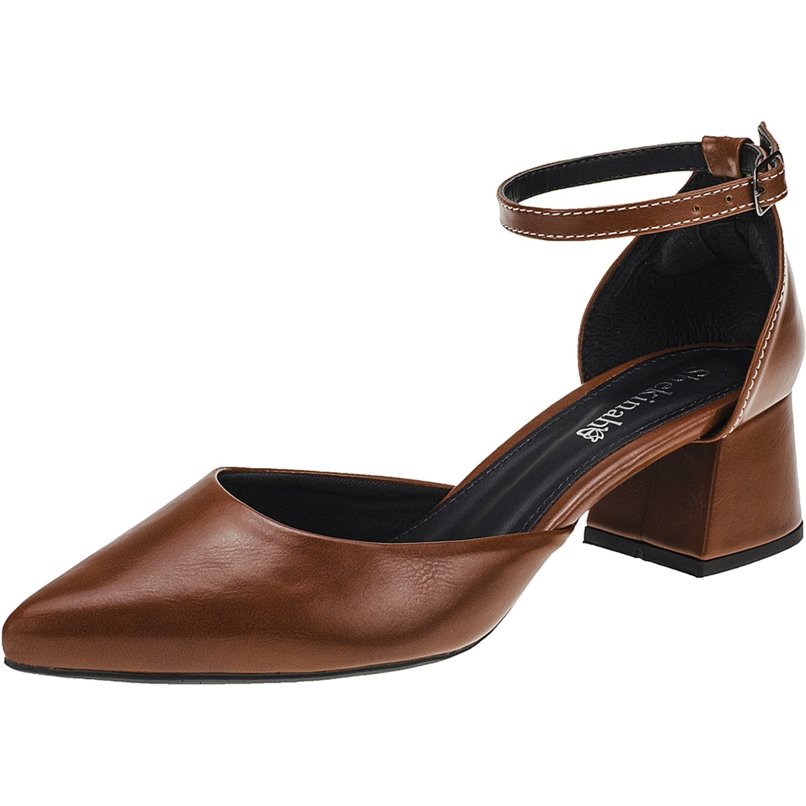 Sapato Feminino Scarpin Bico Fino Salto Bloco Grosso Saia e Blusa Salomé Shekinah Caramelo
