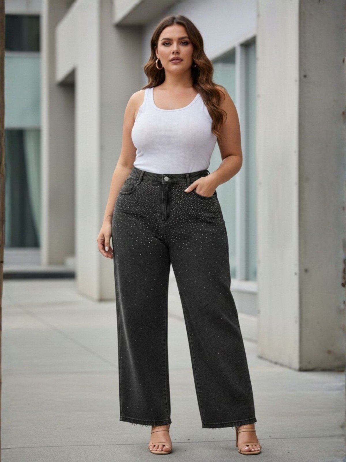 Vista 2 Calça Feminina Plus Size Reta Brilhos Cintura Alta Bolsos Barra a Fio jeans/preto jeans/preto