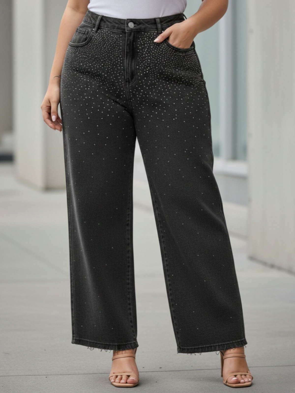 Vista 3 Calça Feminina Plus Size Reta Brilhos Cintura Alta Bolsos Barra a Fio jeans/preto jeans/preto