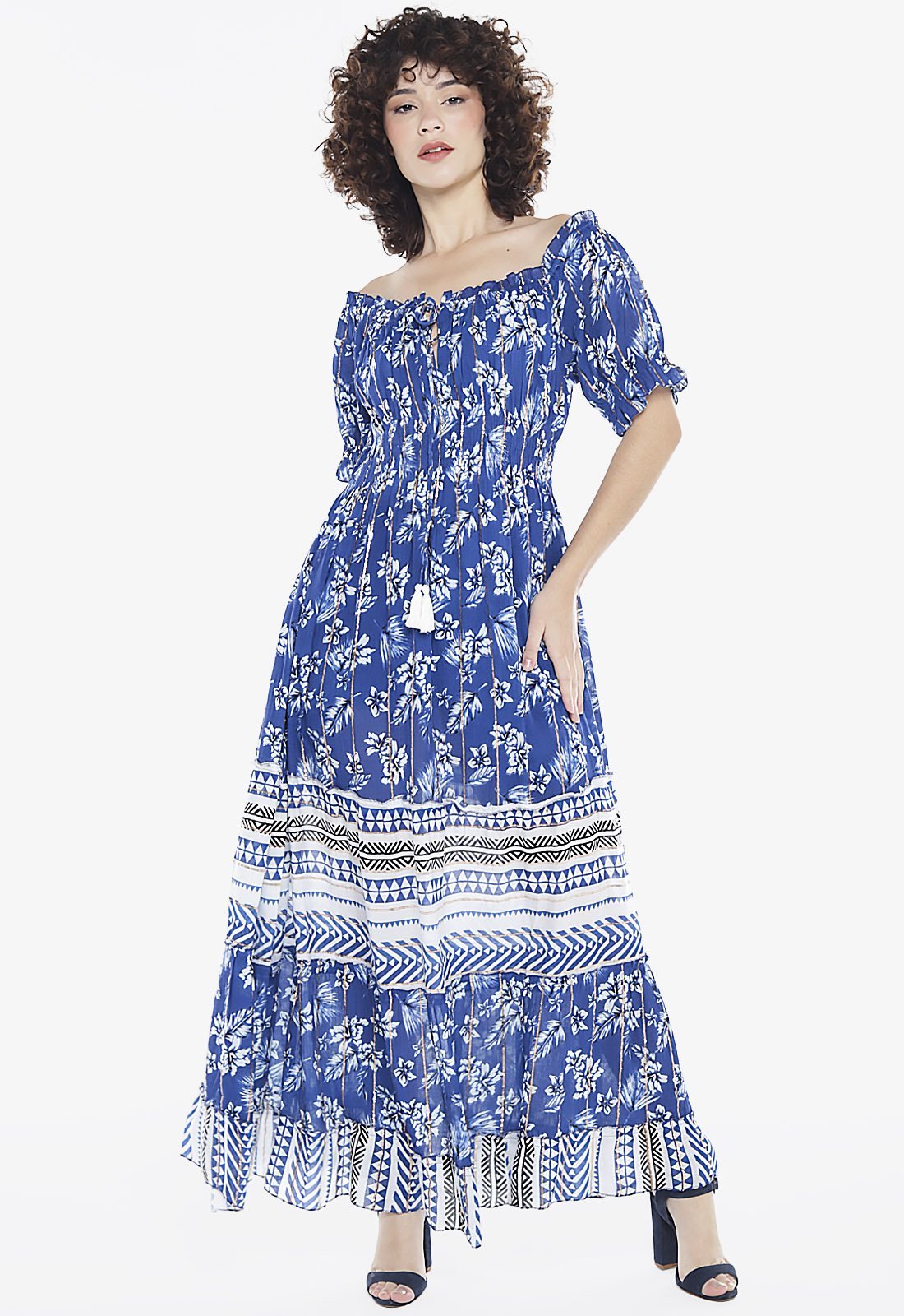 Vestido Longo com Mangas Estampado com Lurex Marinho Sob Azul Marinho
