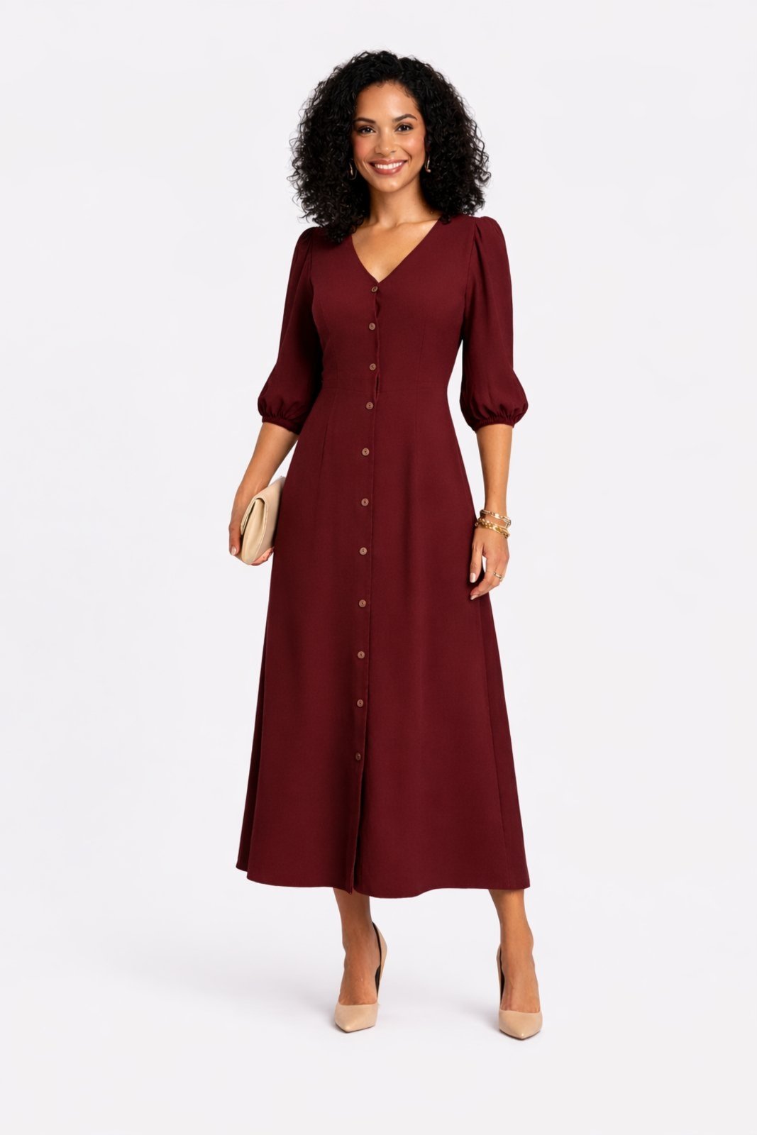 Vestido Longo D Bell Outlet Fashion Manga Longa Vinho