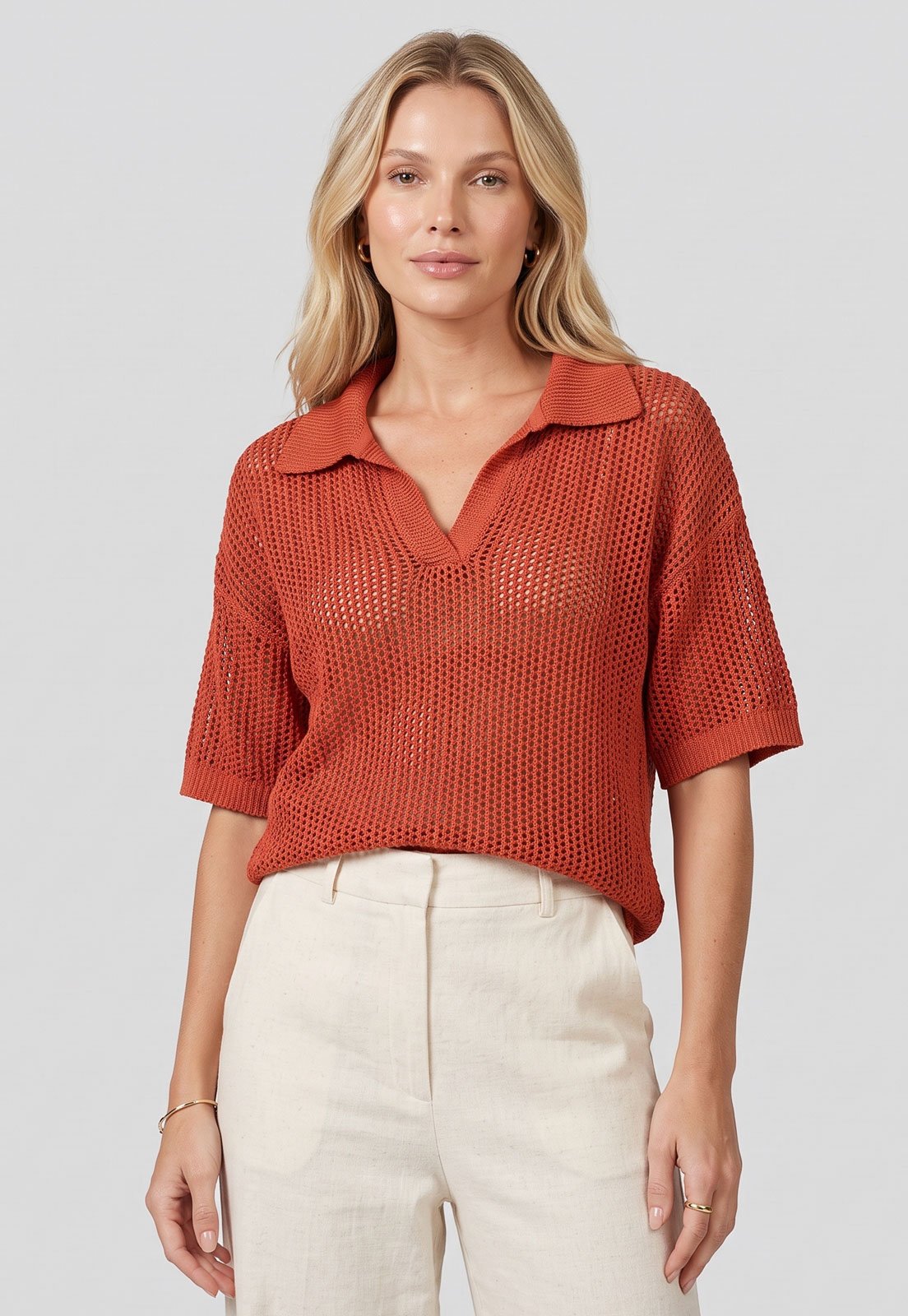 Blusa Polo Feminina Lez a Lez Textura Manga Curta Laranja