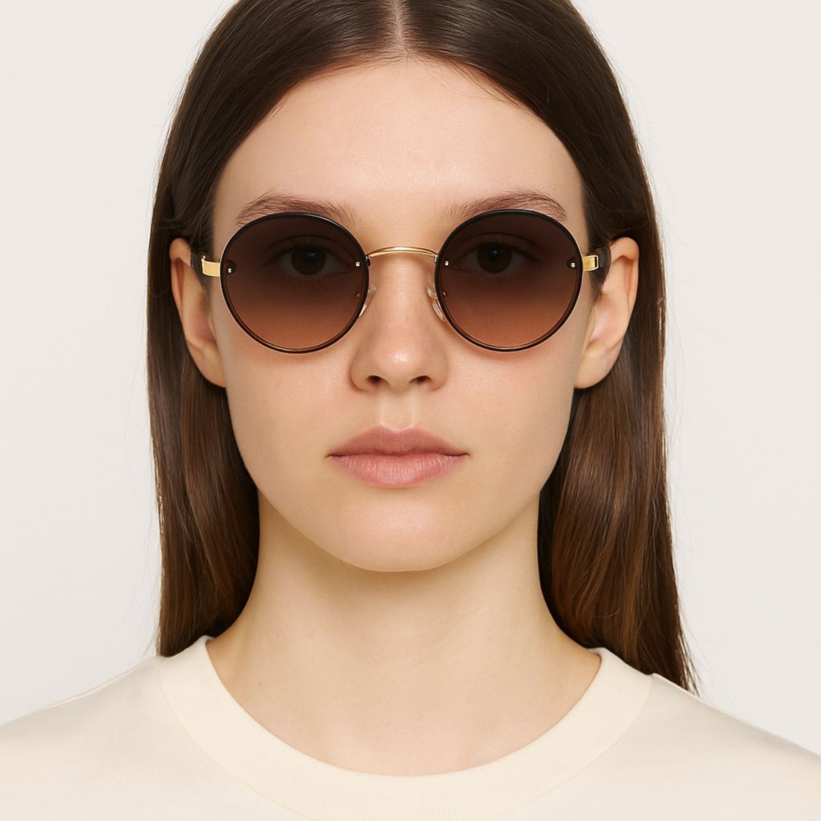 Óculos de Sol Redondo Dourado e Preto Feminino Lente Degradê Premium Marrom