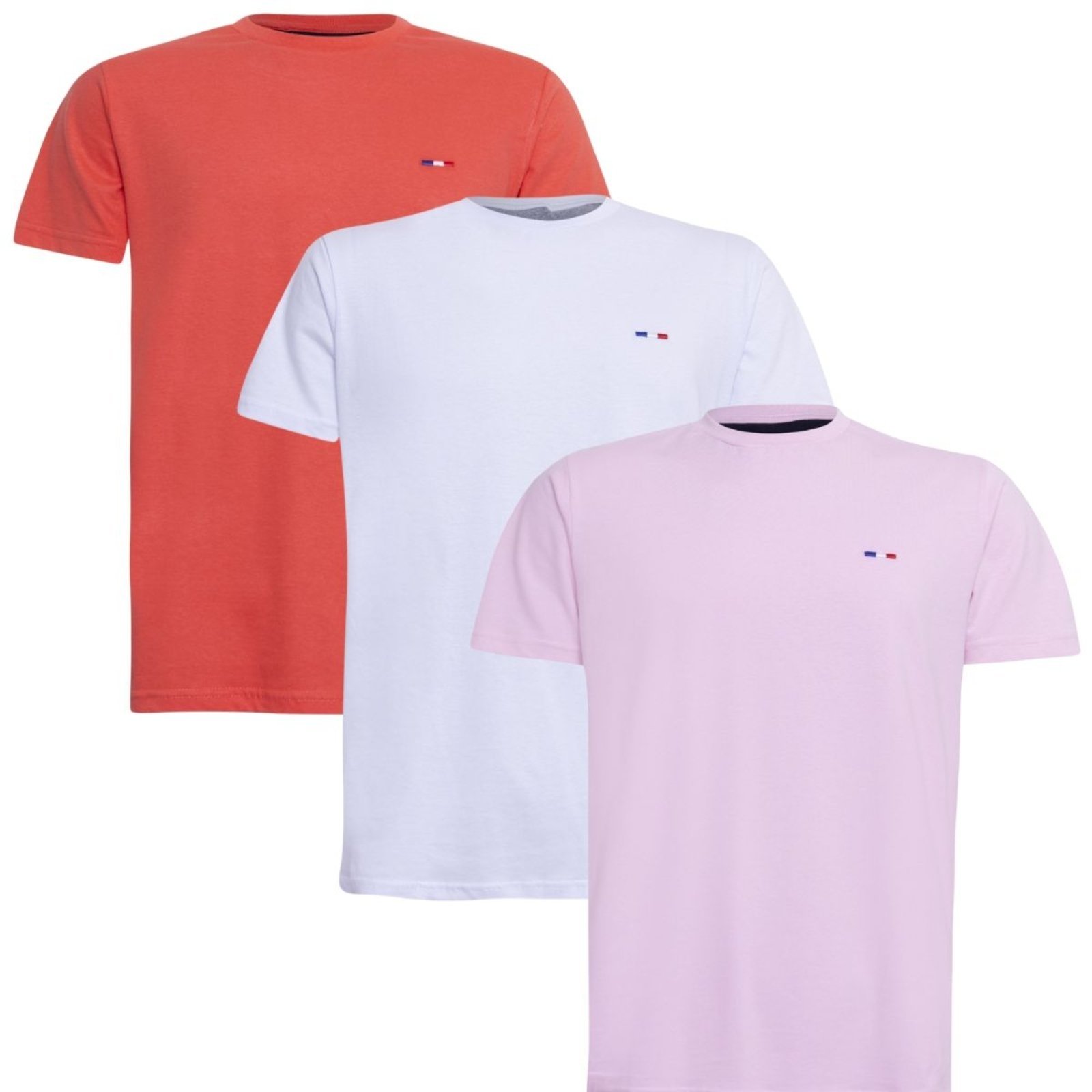Kit 3 Peças Camisetas Básicas Masculina FMF em Algodão Premium no Estilo Tommy Bordado França Rosa Branca Laranja