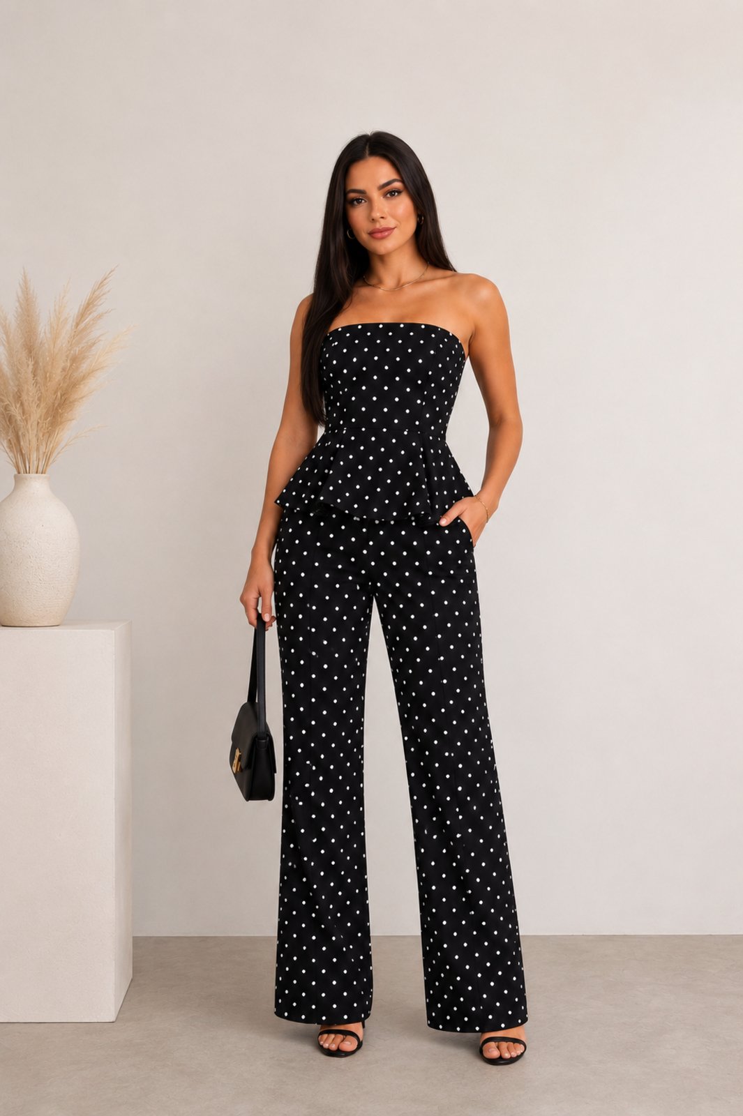 Conjunto Feminino Tomara que Caia com Peplum e Calça Pantalona – Poá Bolinha Preto