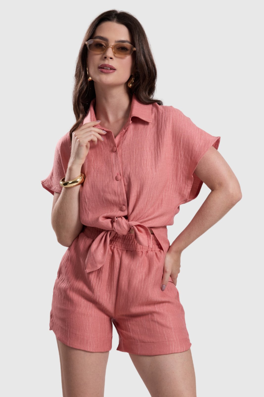 Camisa Feminina Amora Café Manga Curta Goiaba