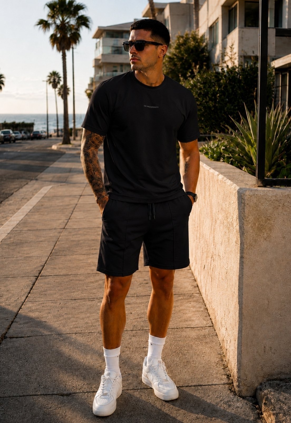 Conjunto Masculino Camiseta Shorts Ajustável Moletinho Preto