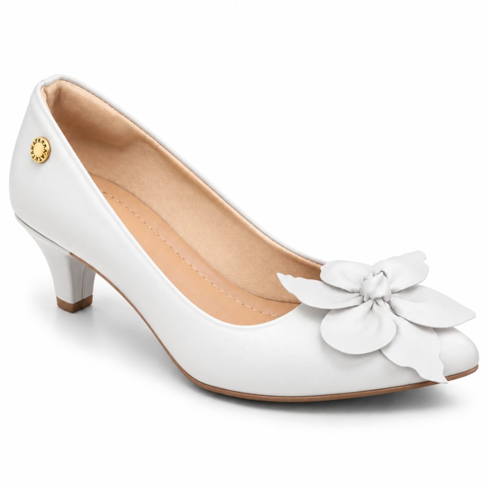 Scarpin Feminino Flor Takata Salto Baixo Elegante Bico Fino Branco