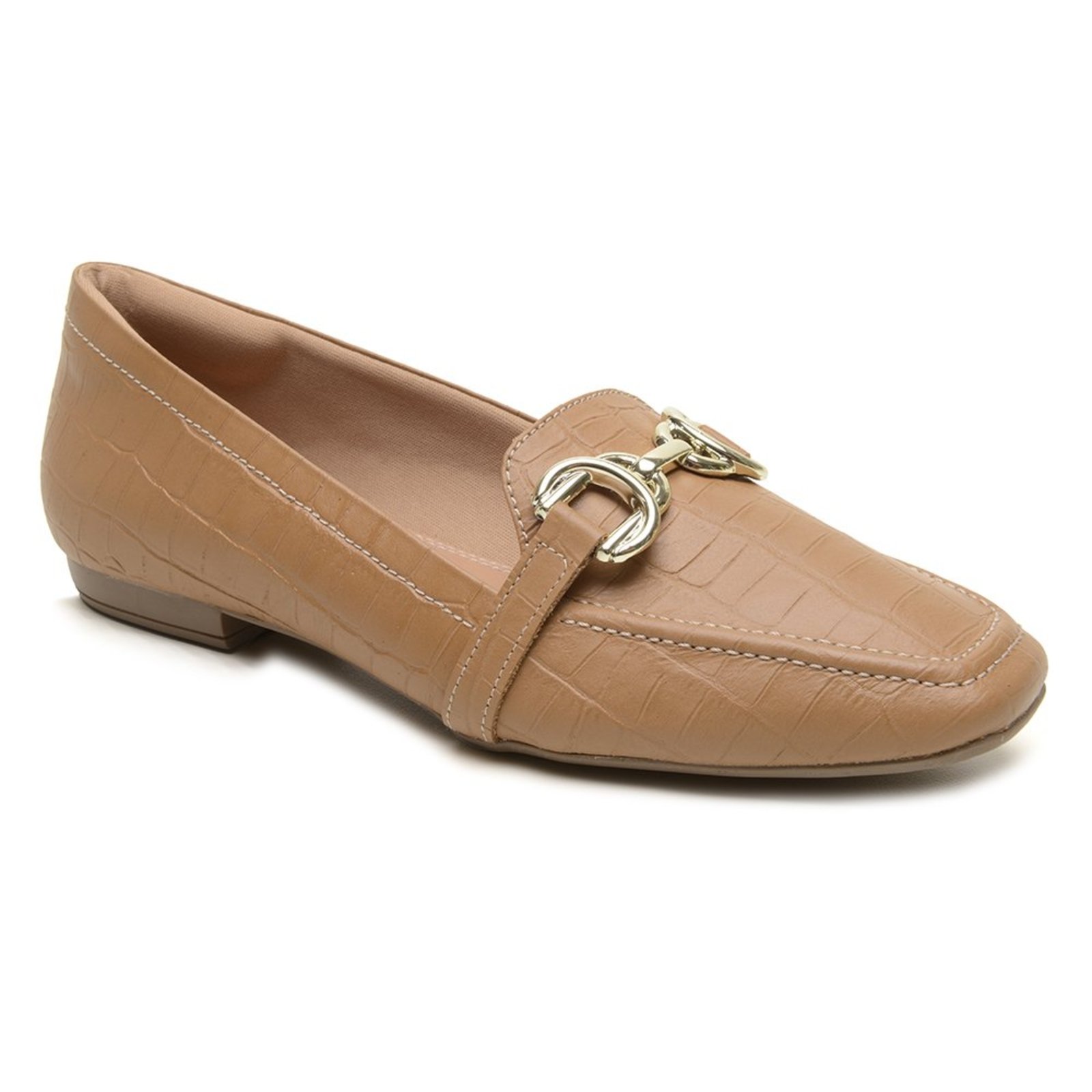 Mocassim Feminino Miuzzi Modelo BIco Quadrado Com Detalhe Em Metal Frontal De Luxo Em Couro Legítimo Caramelo