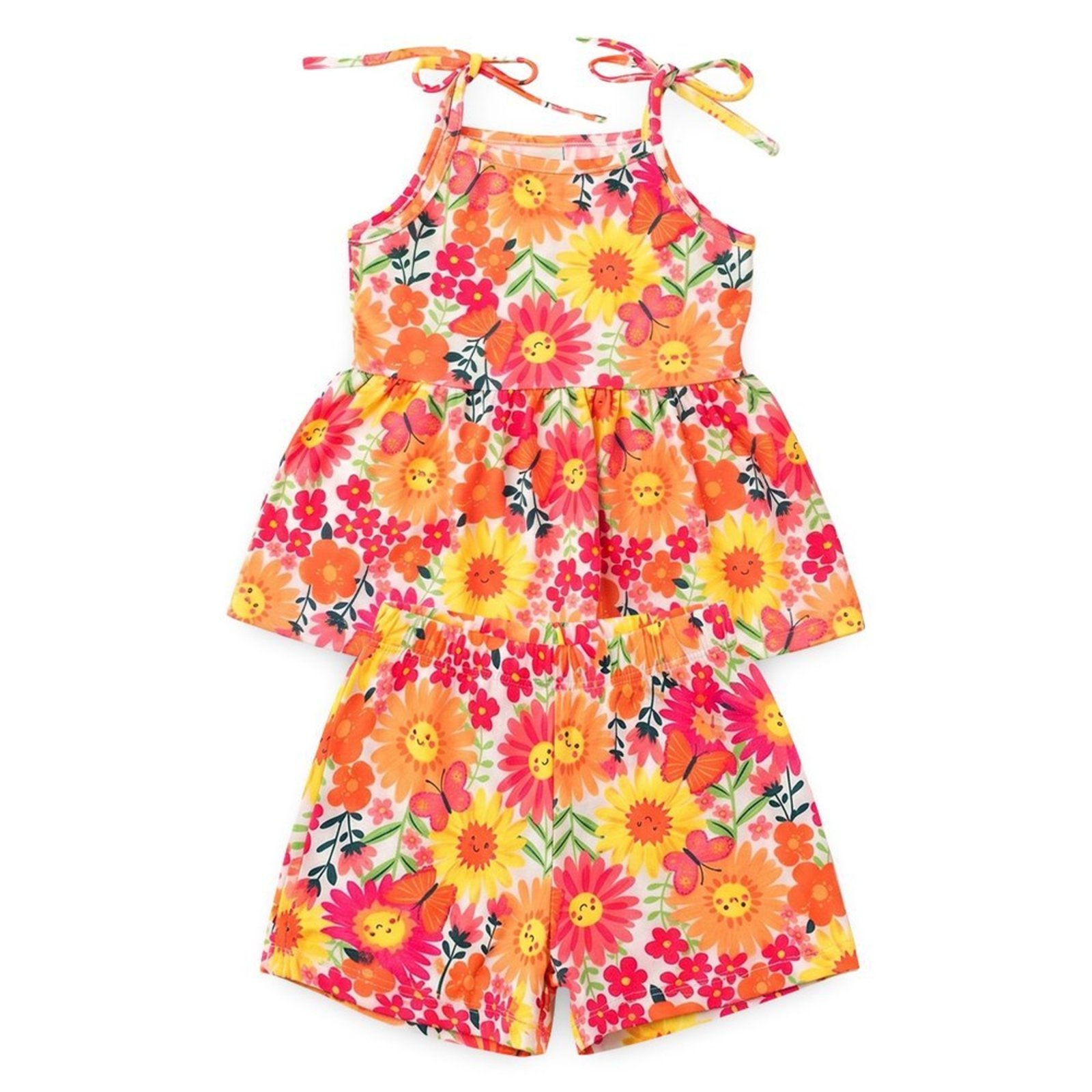 Infantil - Conjunto Verão Menina Natural Cropped Alcinha com Babado e Shorts Flores Tropicais