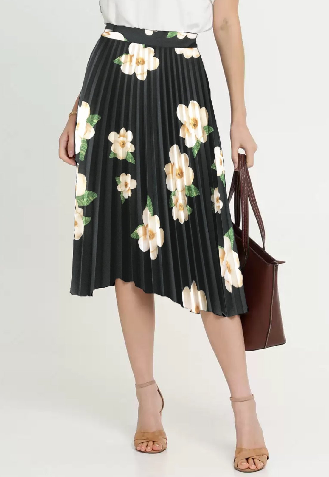 Saia Midi Plissada Urbania Médio Preta mid Floral blogueira moda evangélica